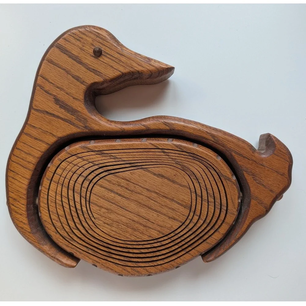 Vintage Oak Wood Collapsible Duck Basket Folding Bird Fruit Bowl Trivet Rustic